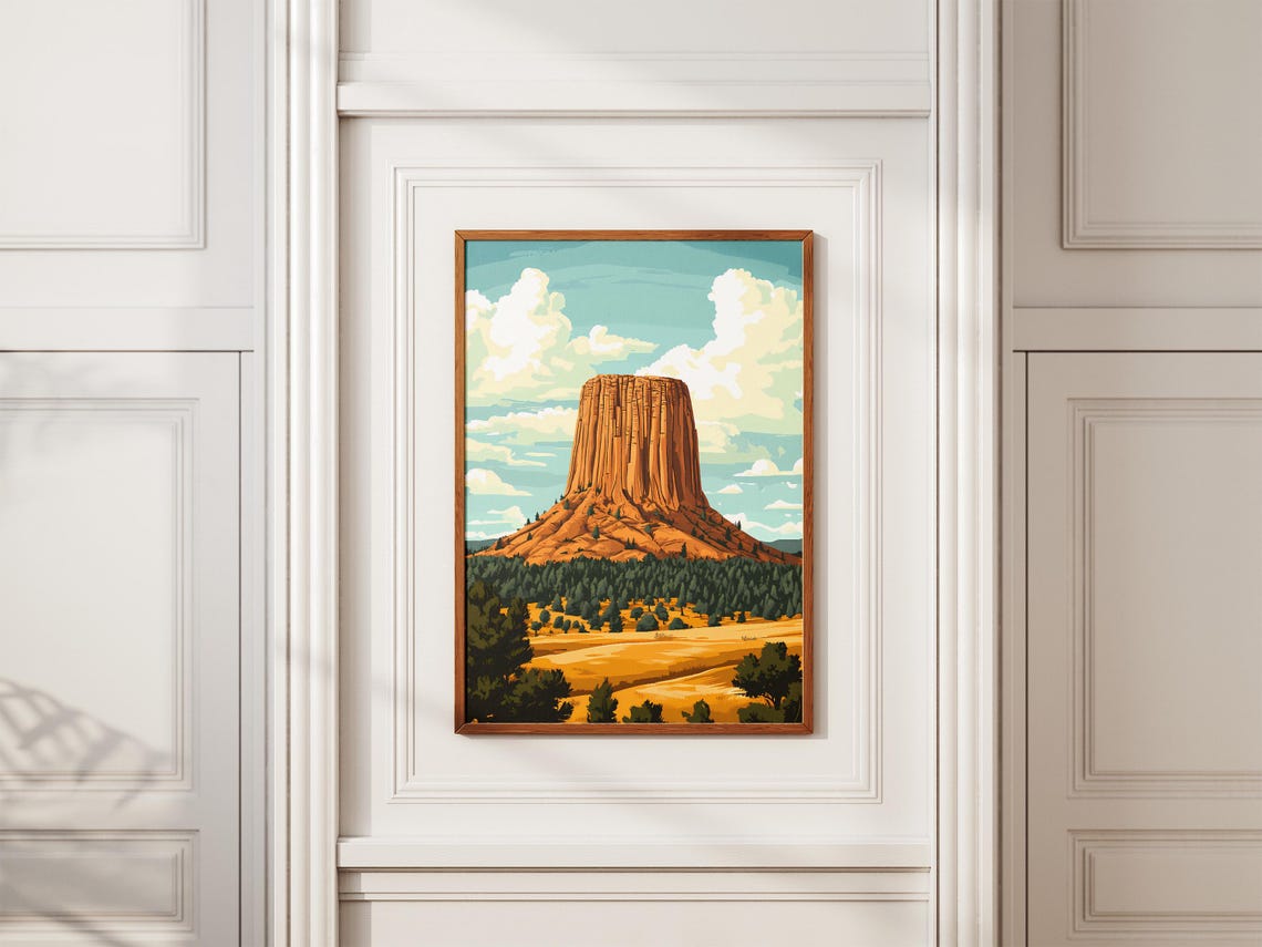 Devils Tower Wyoming Orange Butte Golden Prairie Landscape Poster - Image 2