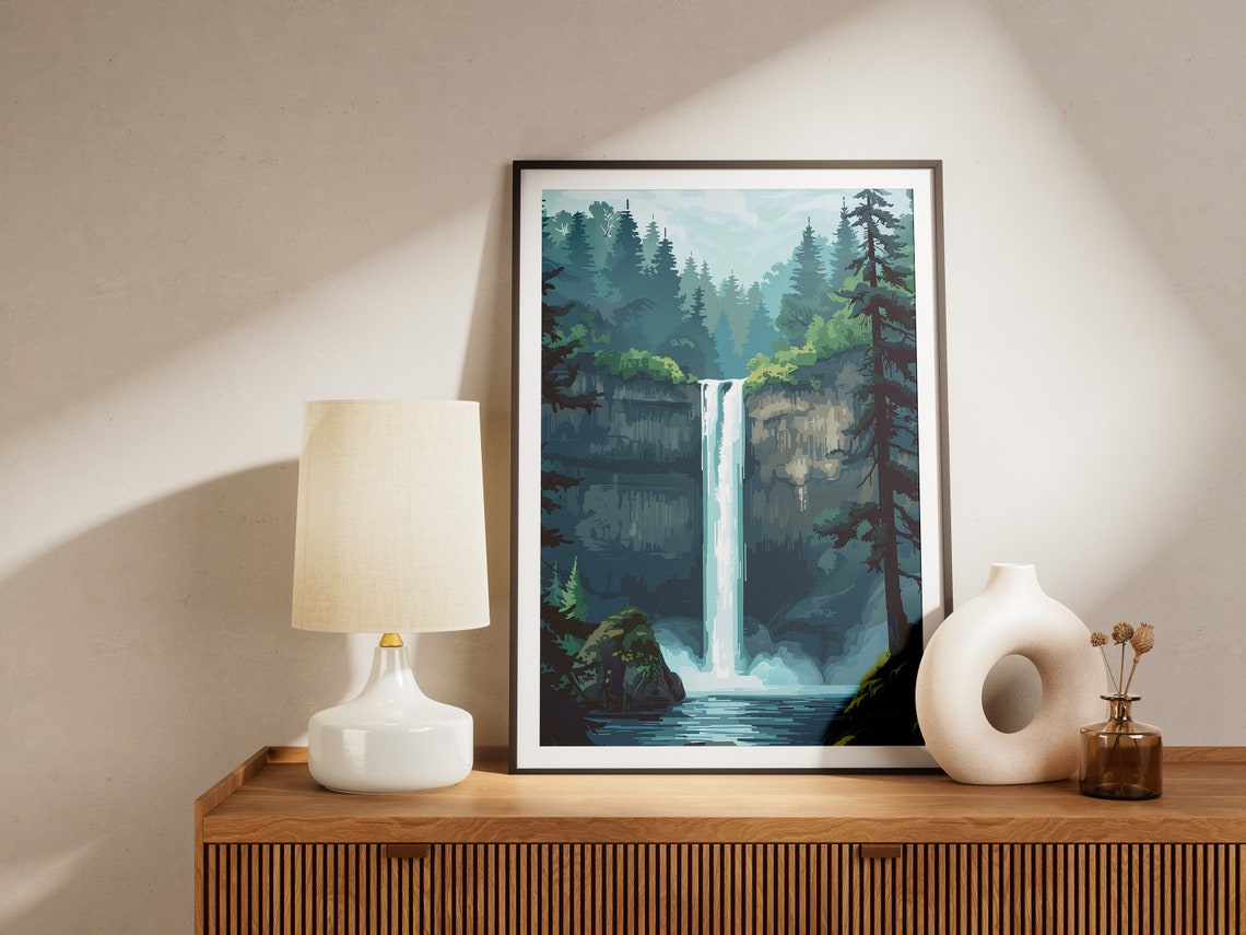 Tall Forest Waterfall Plunging Between Evergreen Pines Nature Print - Image 2