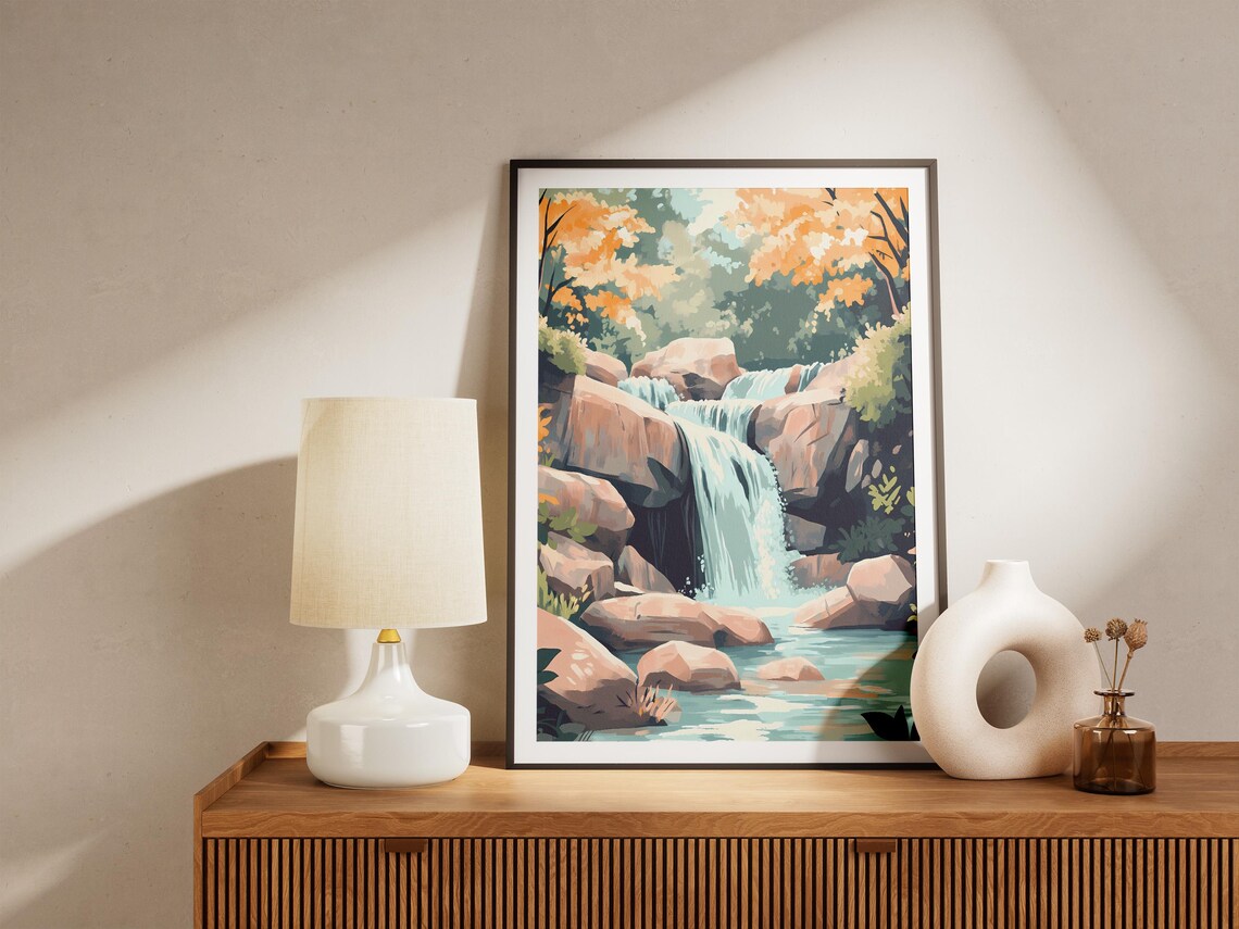 Waterfall Forest Poster Print Nature Art Calm Waterfall Forest Landscape Tranquil Scene Modern Art Peaceful Nature Green Forest Waterfall - Image 5