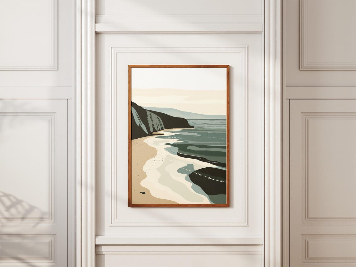 Abstract Beige Teal Coastal Waves Minimalist Beach Art Poster - Image 2
