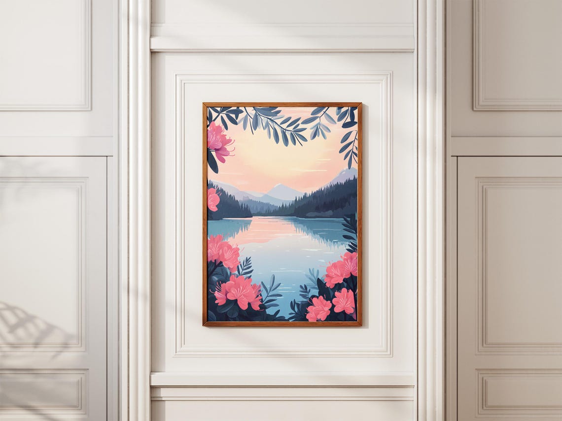 Pink Sunset Lake Rhododendron Blossom Border Romantic Poster - Image 2
