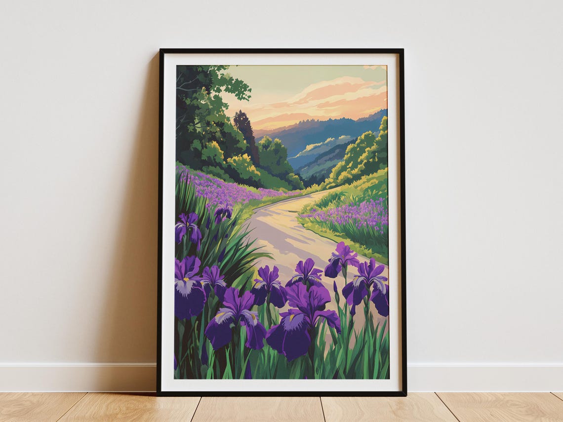 Purple Irises Along Country Road Sunset Valley Flower Poster