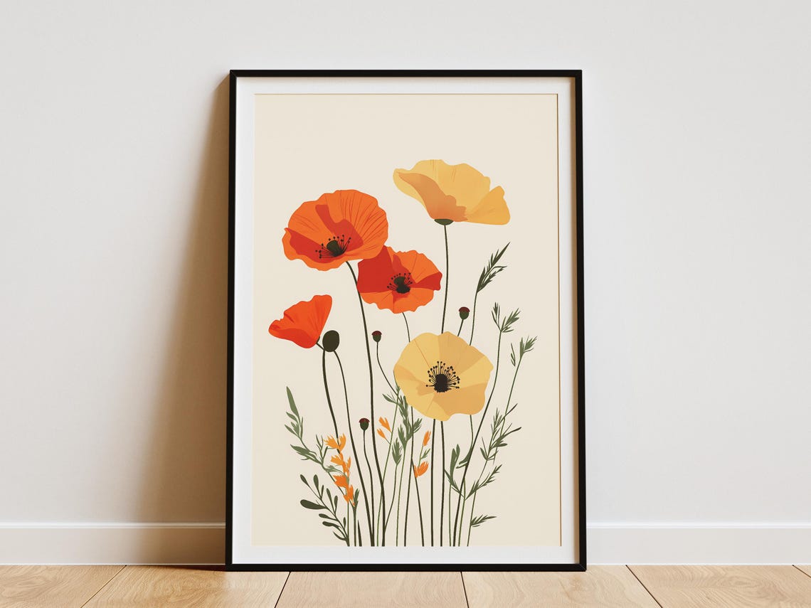 Orange And Yellow Poppies Minimalist Botanical Floral Art Poster