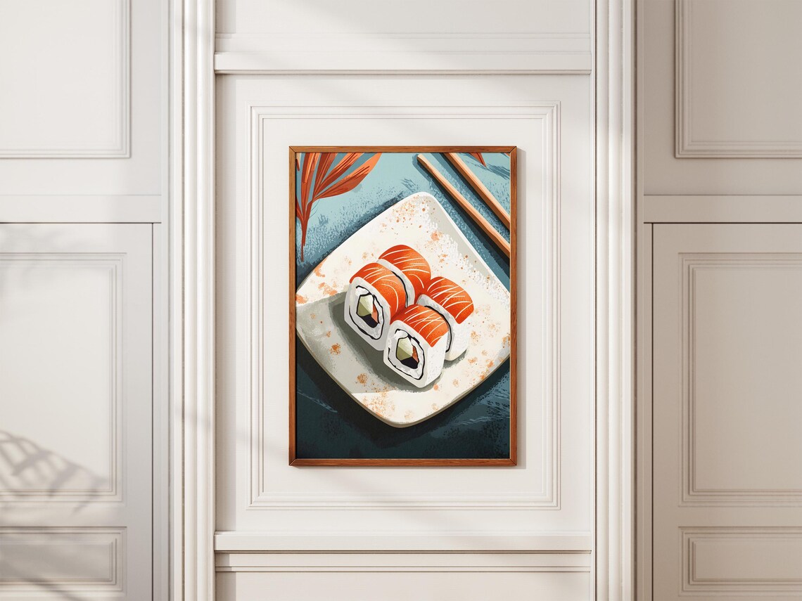 Salmon Sushi Rolls Japanese Food Flat Lay Illustration Poster - Image 2