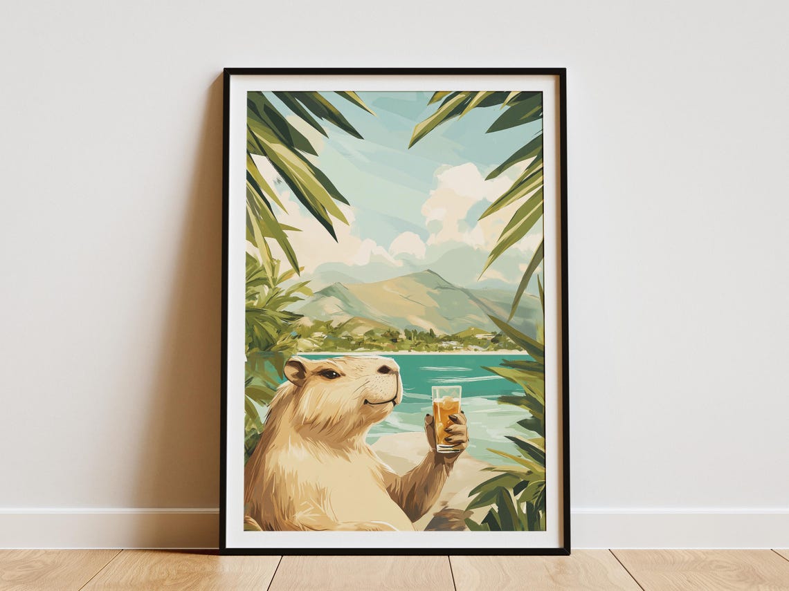 Smiling Capybara Holding a Cocktail at a Tropical Beach Poster