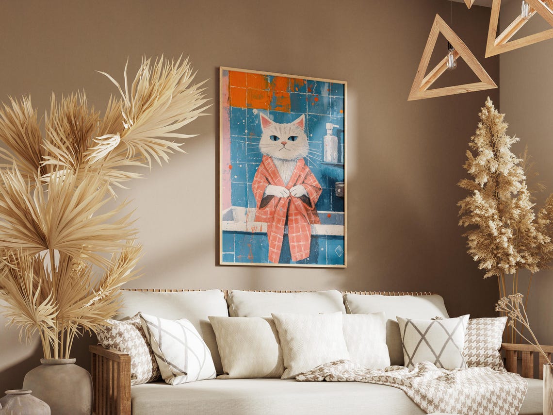 Grumpy White Cat Blue Eyes Coral Plaid Bathrobe Bathroom Poster - Image 3