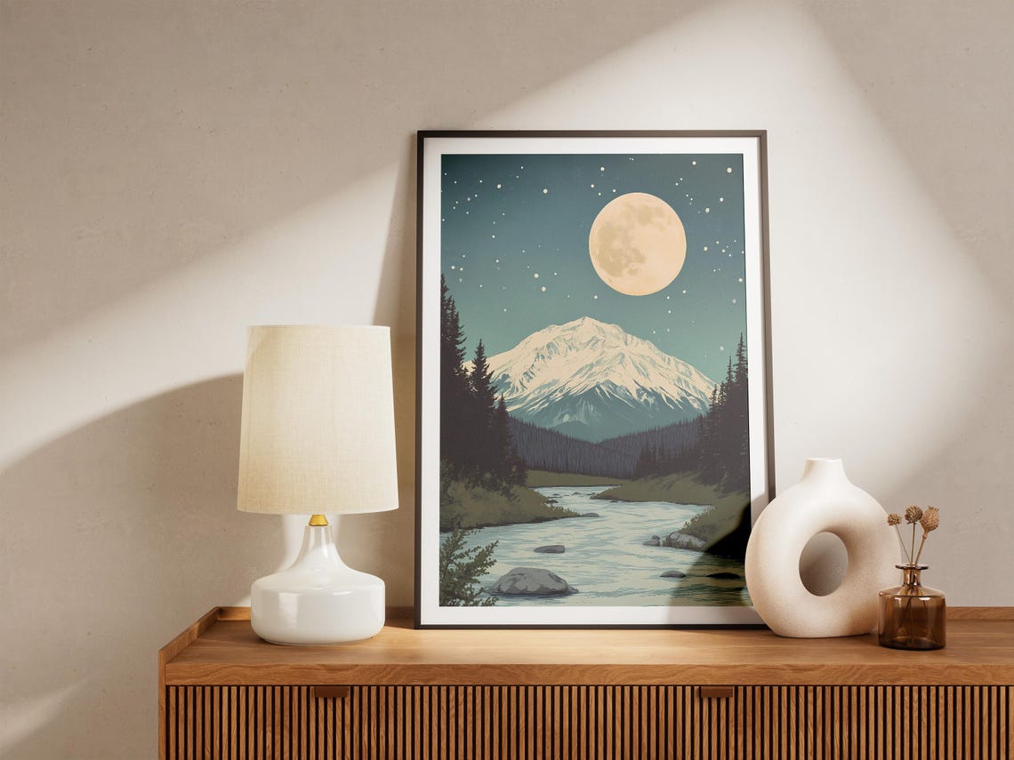 Katmai National Park Snowy Peak Under Full Moon Over River Poster - Image 4