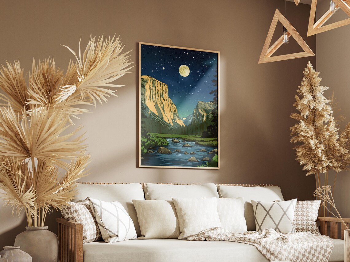 Yosemite National Park Moonlit El Capitan River Meadow Night Art Poster - Image 3