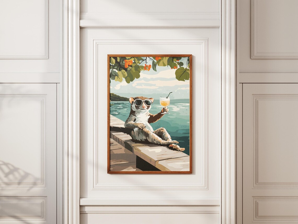 Sugar Glider In Sunglasses Sipping Cocktail On Wooden Dock Poster - Image 2