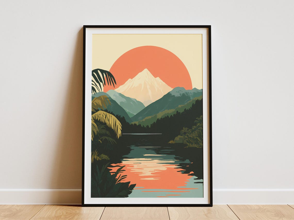 Coral Sunset Over Mountain And Jungle River Vintage Art Poster