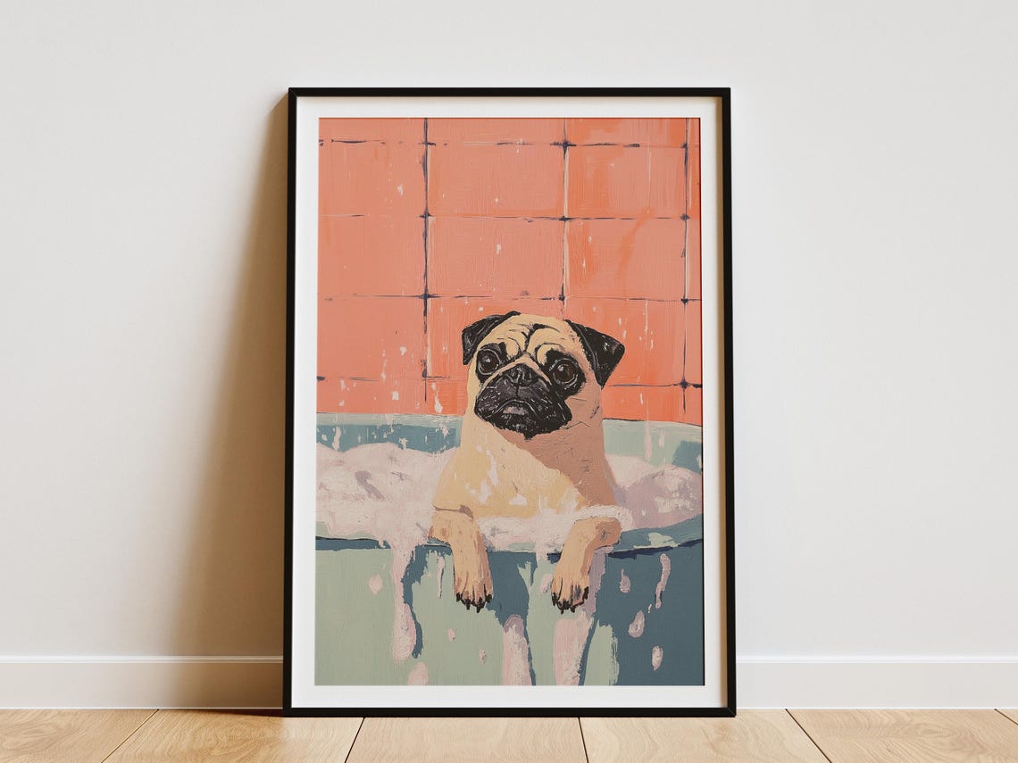 Pug Bubble Bath Terracotta Tile Painterly Dog Artwork Poster