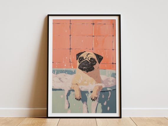 Pug Dog Art Print Bathroom Wall Decor Funny Animal Poster Matisse Style Lover Gift Pet Portrait Unique Home In Bathtub