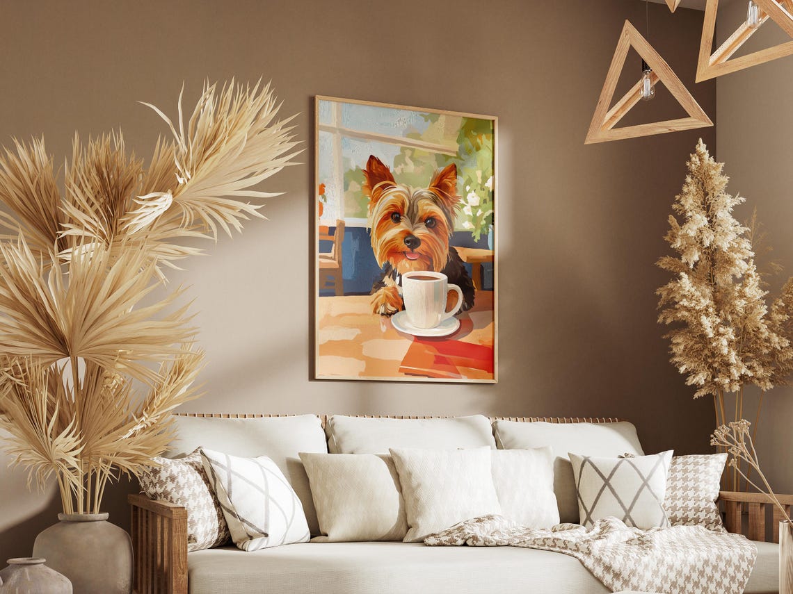 Yorkshire Terrier Puppy With Coffee Cup Cozy Cafe Art Poster - Image 3