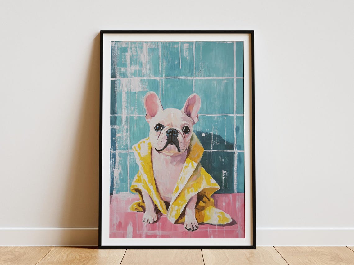 French Bulldog Puppy in Yellow Bathrobe Teal Tile Bath Poster