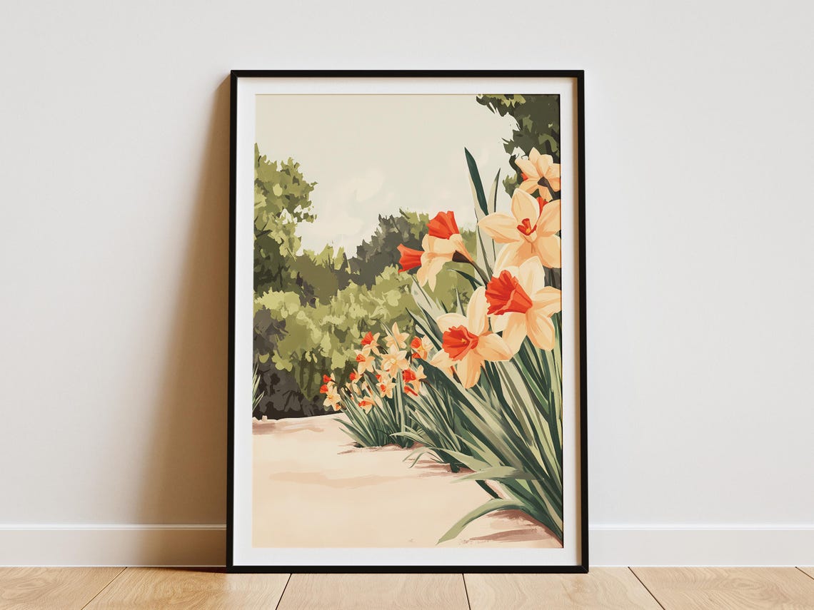 Bright Red And Cream Daffodils Along Garden Path Floral Poster