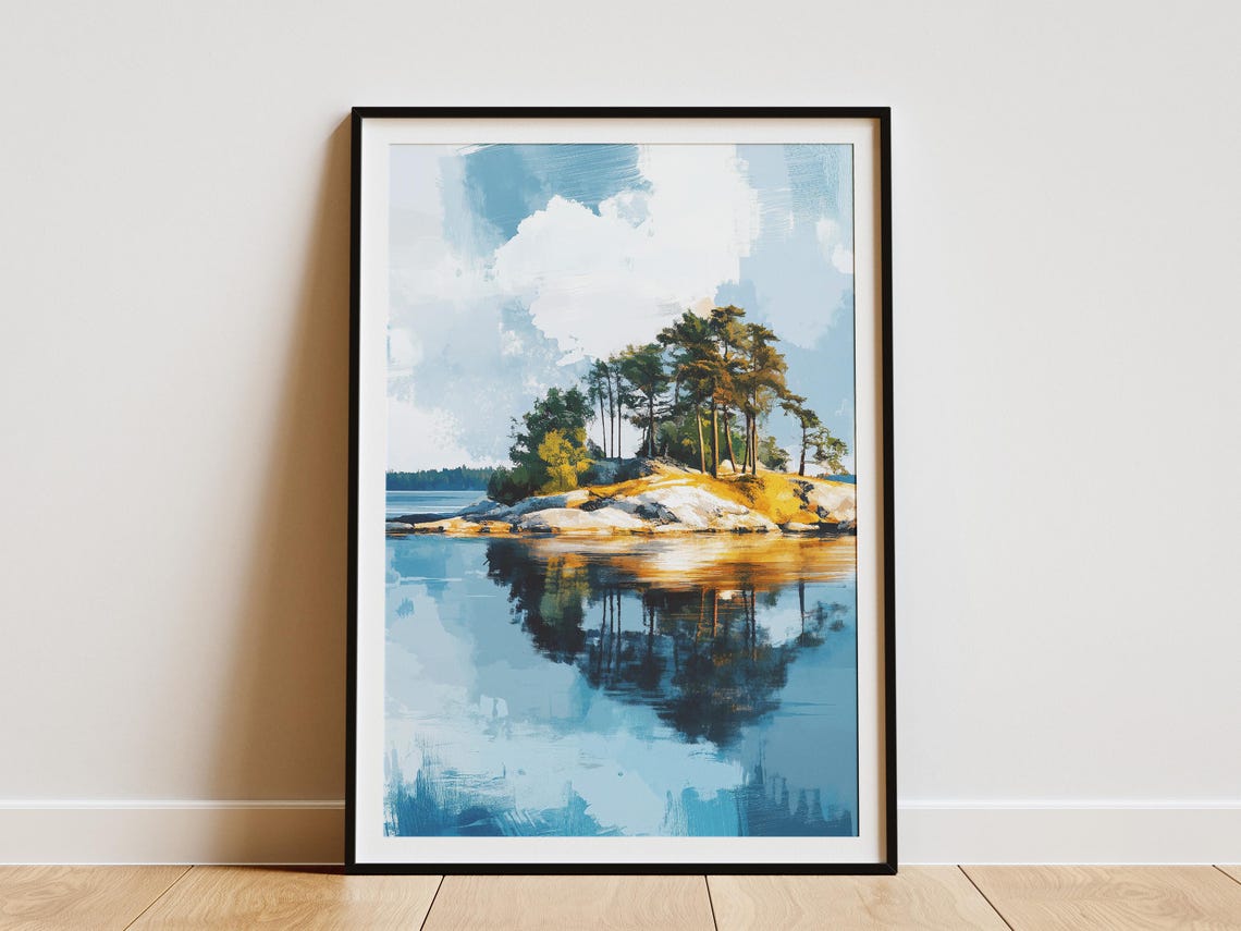 Rocky Pine Island Reflected In Calm Blue Water Serene Poster