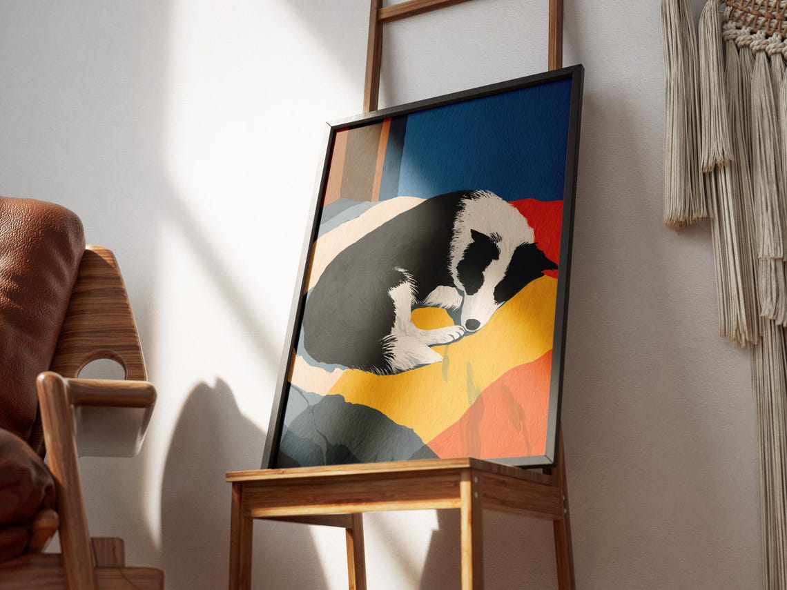 Sleeping Black and White Dog Colorful Blanket Matisse Style Poster - Image 3