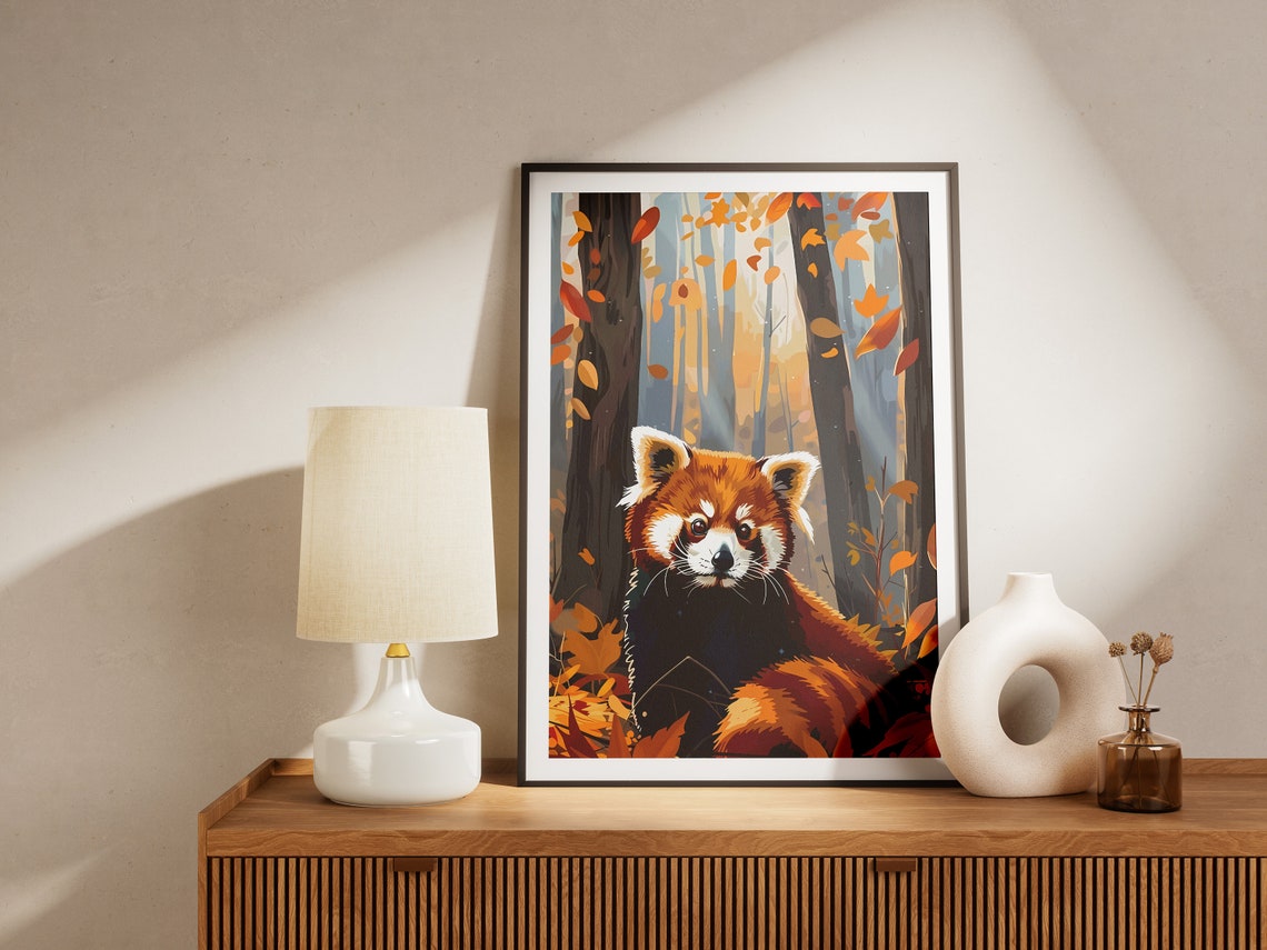 Red Panda Autumn Forest Falling Orange Leaves Cute Wildlife Poster - Image 2