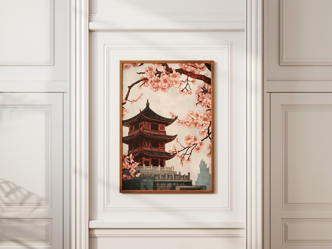 Japanese Temple Cherry Blossom Poster Asian Art Print Oriental Pagoda Pink Flower Zen Garden Decor Asian Decor Japanese Print Traditional - Image 2