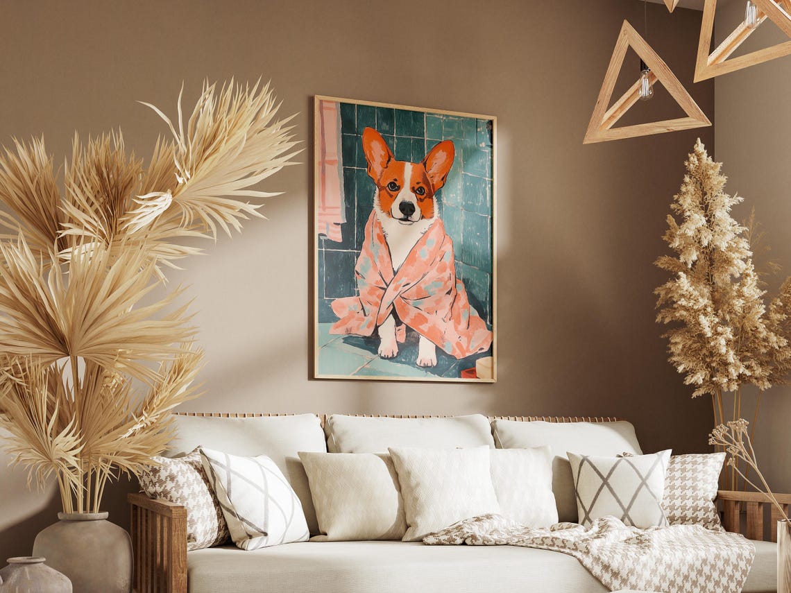 Corgi Dog Wrapped in Pink Floral Towel Cute Bathroom Art Poster - Image 3