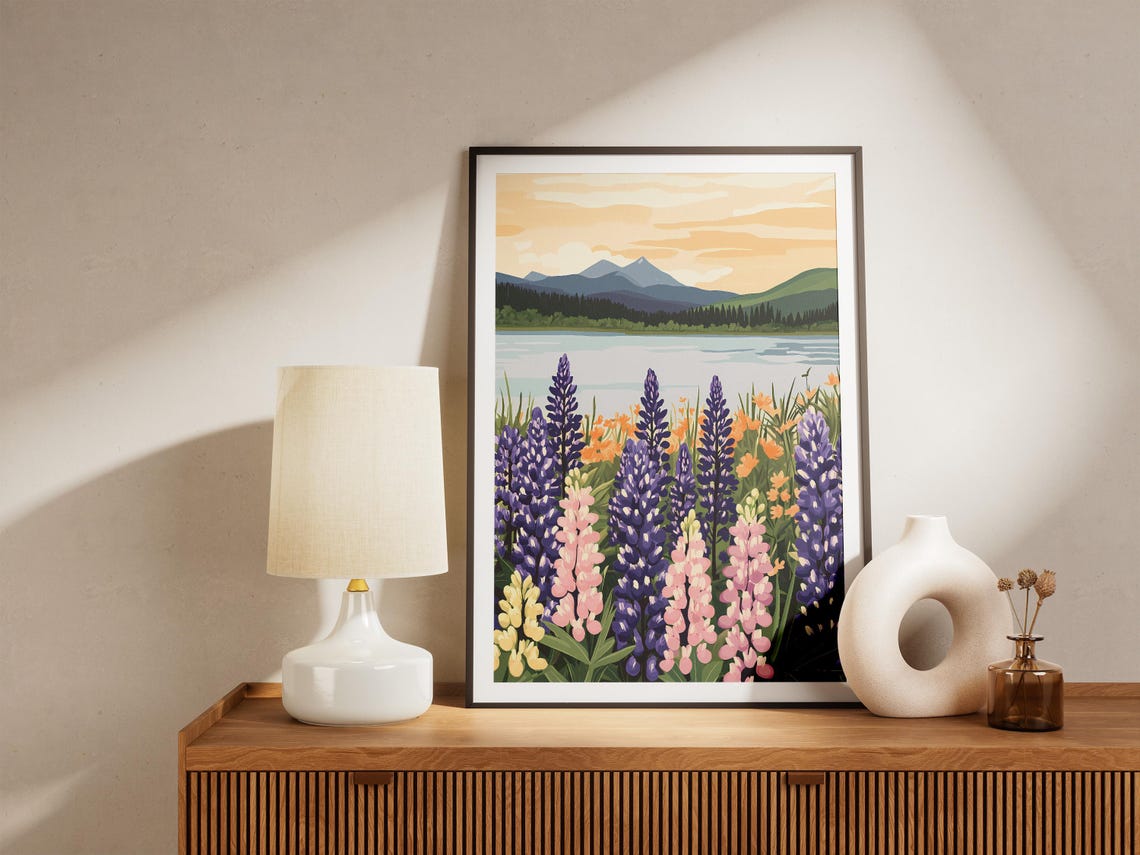 Sunset Lupine Meadow by a Calm Mountain Lake Wildflower Art Poster - Image 5