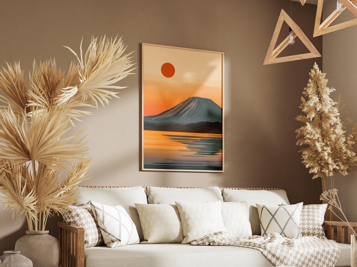 Mount Fuji Japan Sunset with Blazing Orange Sun Over Lake Poster - Image 3