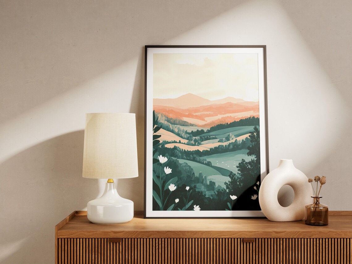 Misty Sunrise Valley With Teal Hills And White Flowers Poster - Image 5