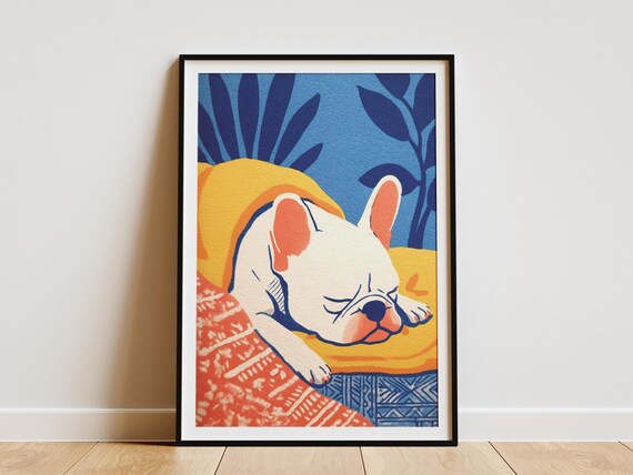 French Bulldog Sleeping on Yellow Cushion Cute Blue Decor Poster
