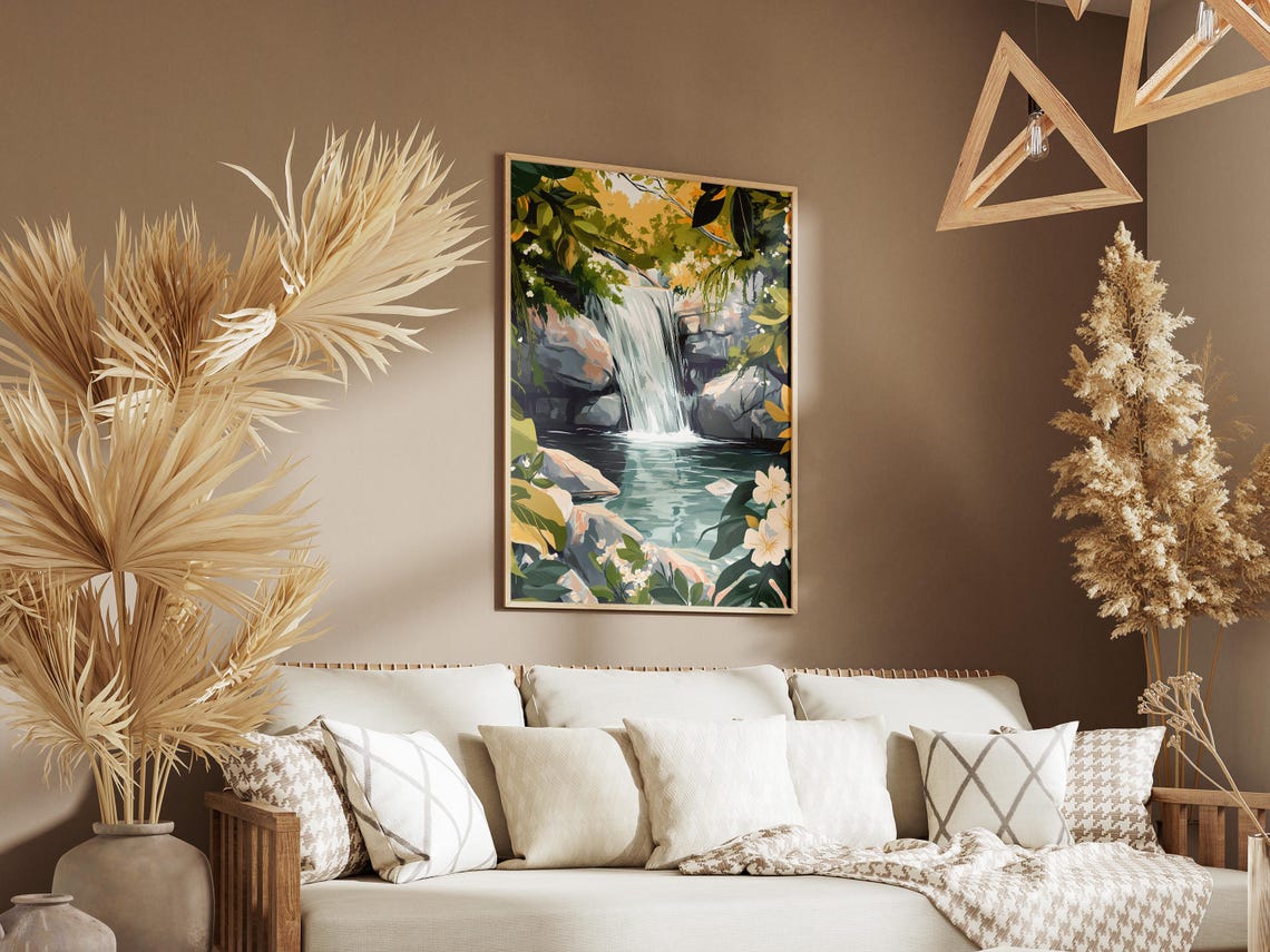 Tropical Jungle Waterfall with White Flowers and Grey Rocks Poster - Image 3
