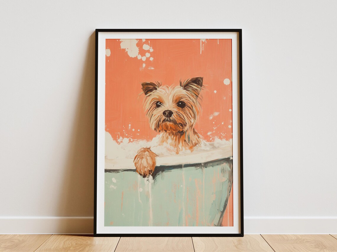 Scruffy Yorkie in Mint Tub Coral Splatter Fun Dog Art Poster