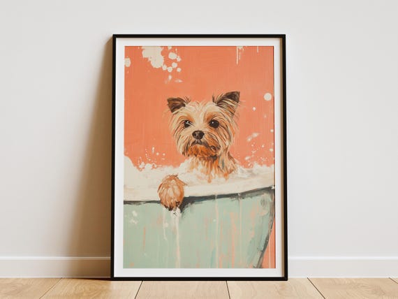Yorkshire Terrier Dog Art Print Puppy In Bathtub Poster Cute Wall Bathroom Decor Lover Gift Pet Portrait