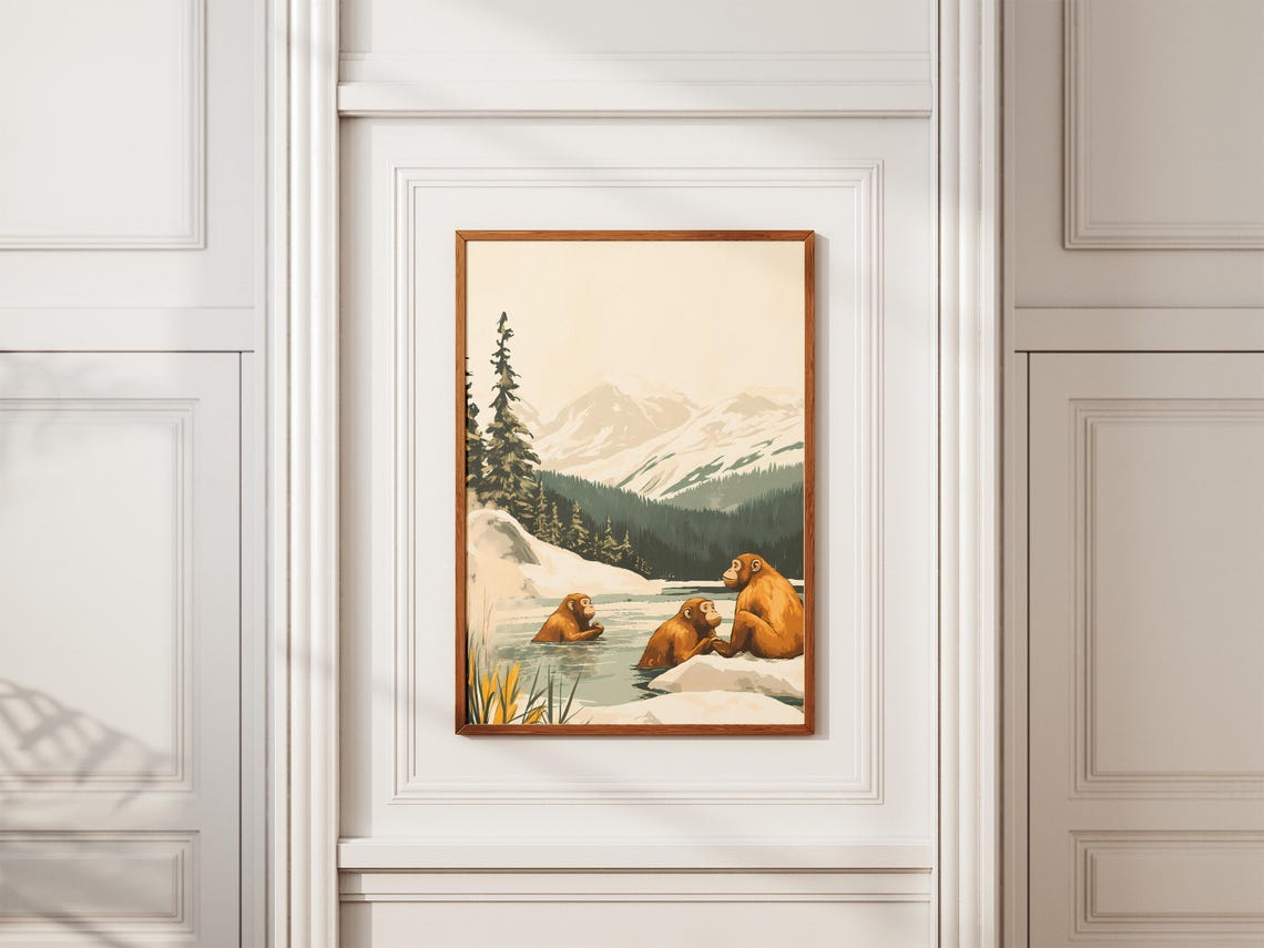 Snow Monkeys Soaking Hot Spring Mountain Winter Scenic Poster - Image 2