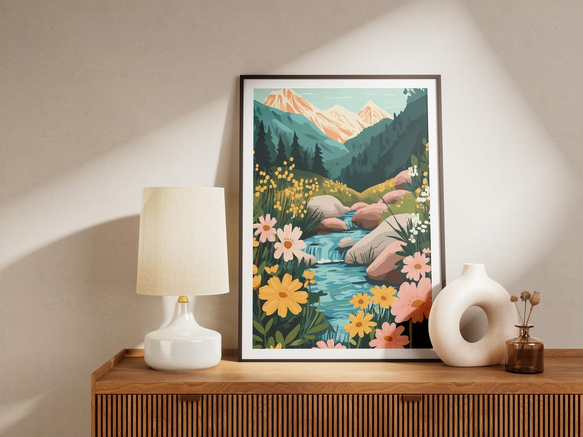 Cheerful Mountain Stream Wildflowers Daisy Meadow Nature Poster - Image 4