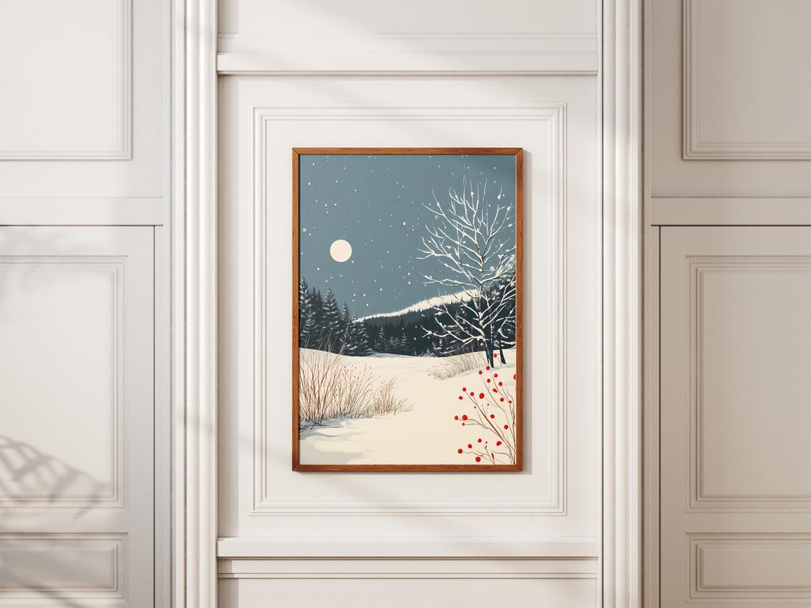 Snowy Winter Night Moonlit Meadow Red Berries Falling Snow Poster - Image 2
