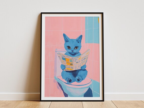 Blue Gray Cat on Toilet Reading Newspaper Funny Bathroom Cat Poster