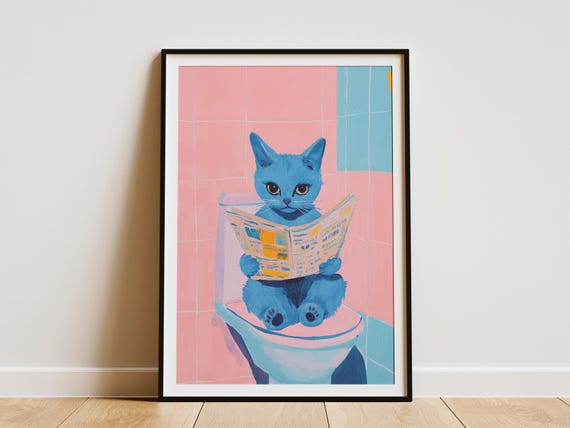 Russian Blue Kitten Poster Funny Cat Art Print Bathroom Wall Decor Cute Animal Illustration Quirky Home Toilet Humor Lover