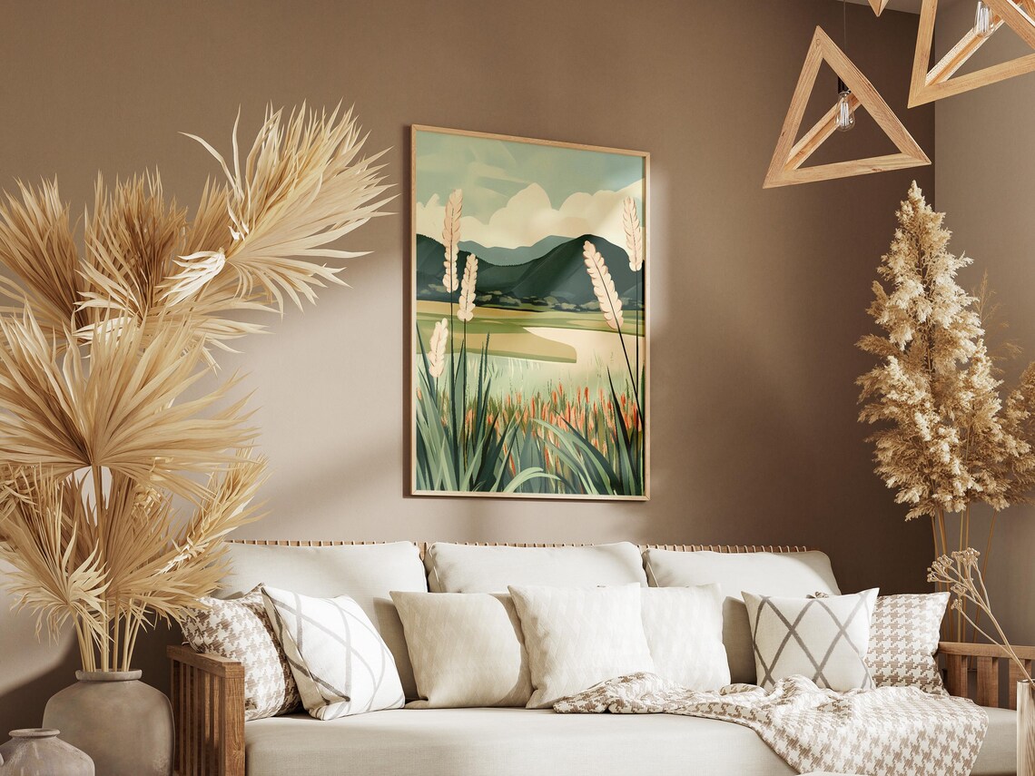 Feathery Meadow Grasses by a Pale Lake in Mountain Haze Poster - Image 3