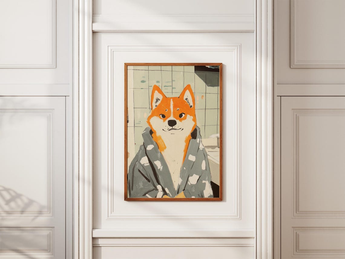 Shiba Inu in Grey Polka Dot Bathrobe Cute Bathroom Art Poster - Image 2