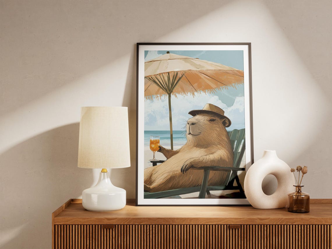 Capybara Relaxing in Beach Chair with Cocktail Funny Art Poster - Image 5