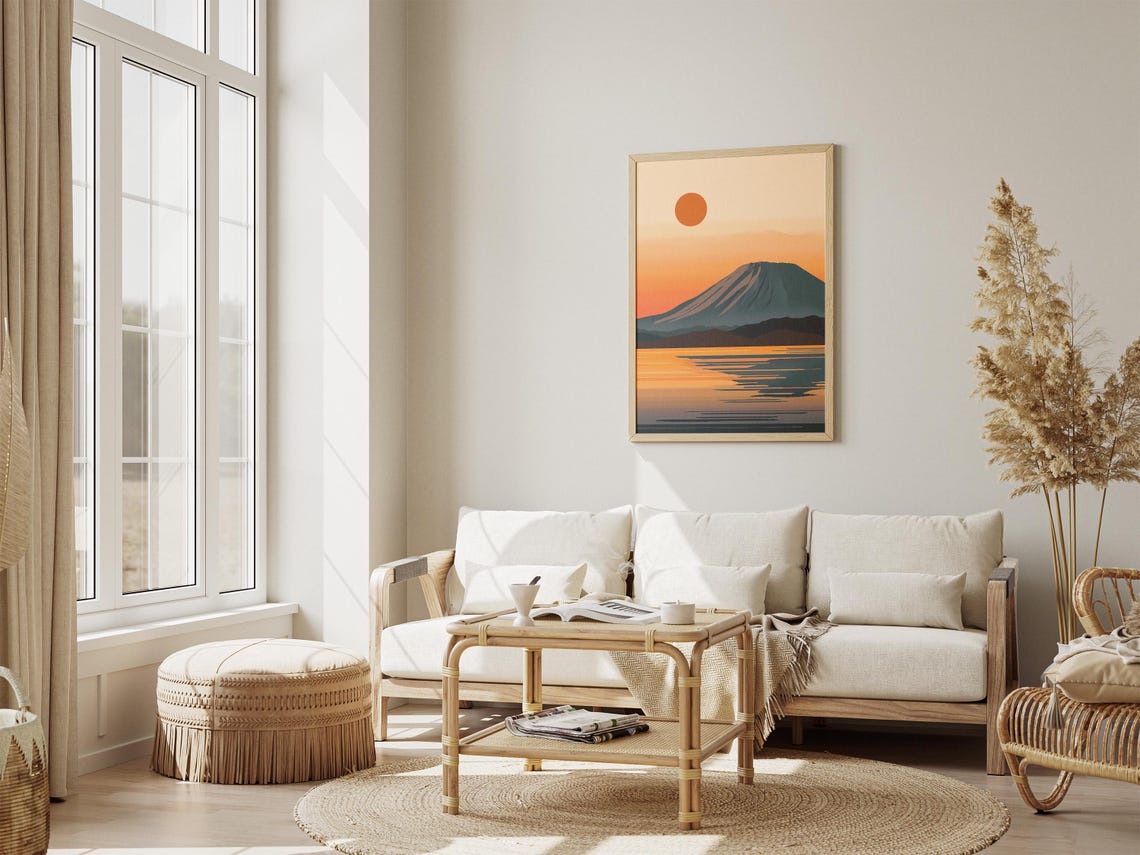 Mount Fuji Japan Sunset with Blazing Orange Sun Over Lake Poster - Image 4