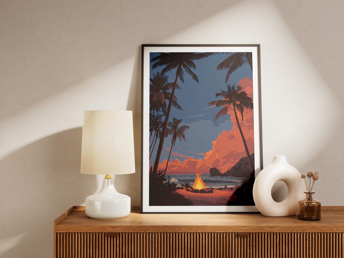 Cozy Beach Bonfire Sunset Palm Silhouettes Tropical Night Poster - Image 4
