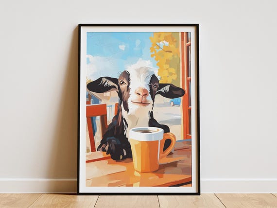 Baby Goat Coffee Art Print Cozy Cafe Poster Animal Lover Gift Whimsical Wall Decor Shop Cute