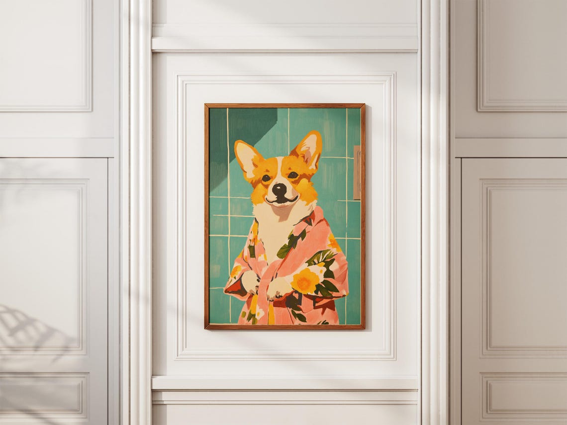 Corgi Dog in Floral Bathrobe Matisse Style Fun Bathroom Poster - Image 2