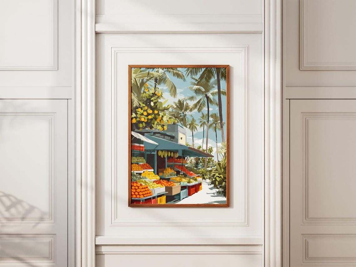 Tropical Fruit Market Stand Palm Trees Colorful Island Art Poster - Image 2