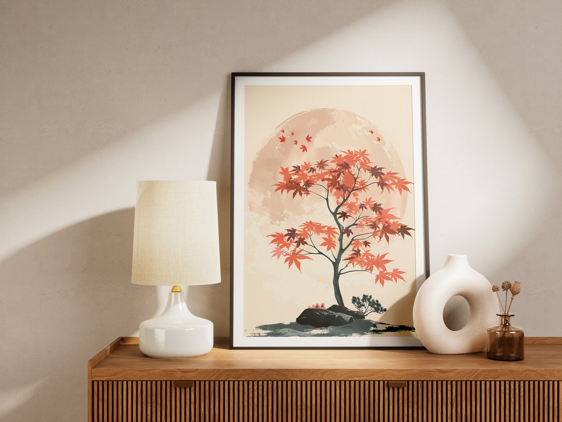 Japanese Maple Red Autumn Leaves Pale Sun Tree Minimalist Poster - Image 2