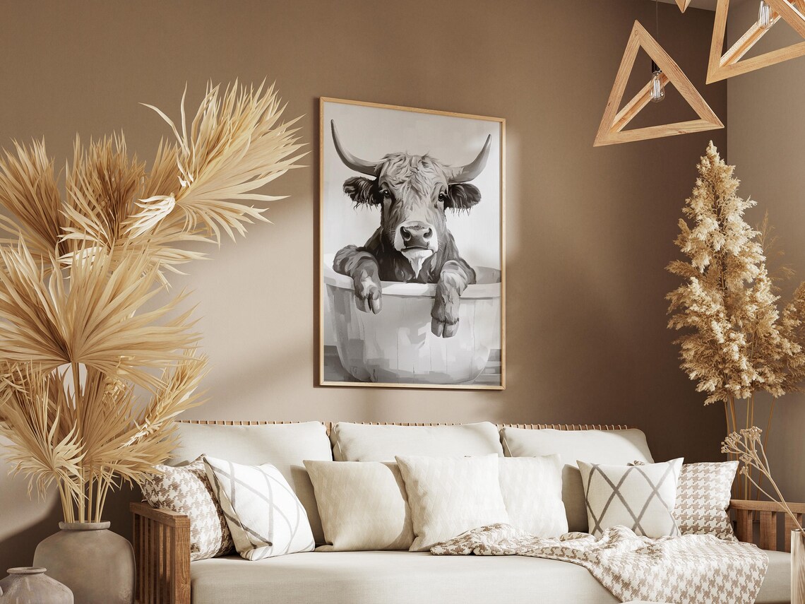 Highland Cow in Bathtub Black and White Funny Bathroom Decor Poster - Image 3