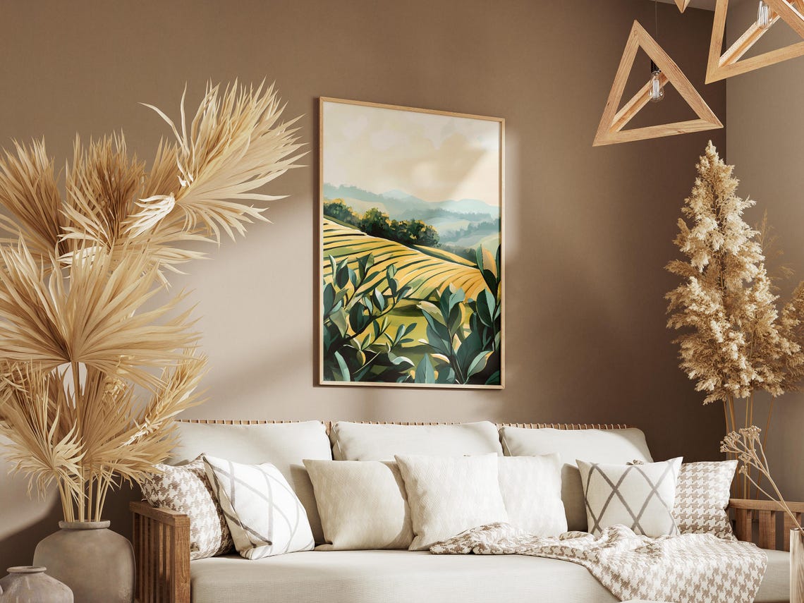 Foggy Green Tea Field Terraces Under Misty Blue Hills Poster - Image 3