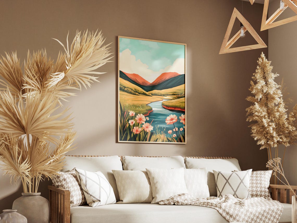 Coral Mountain Sunset Valley River With Pink Wildflowers Poster - Image 3