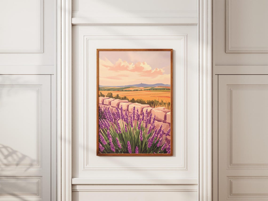 Lavender Field And Stone Wall At Sunset Countryside Scene Poster - Image 2