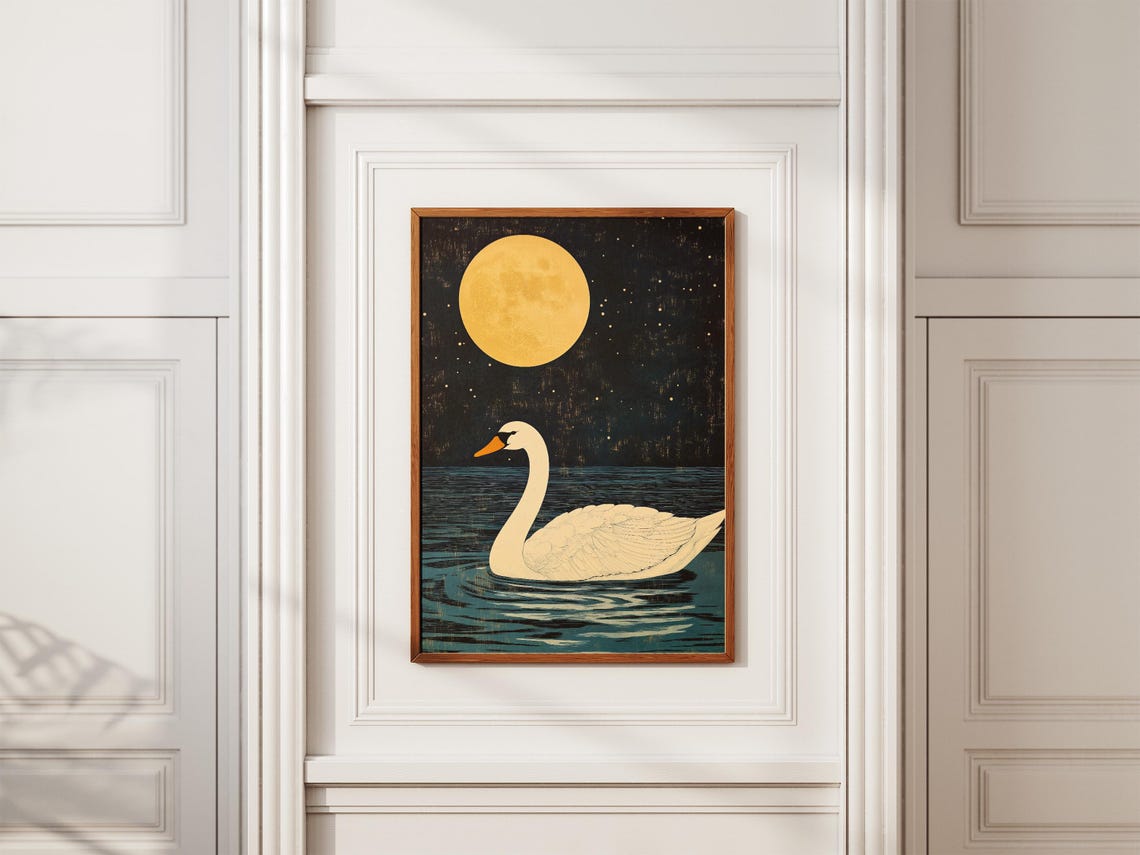 White Swan Swimming Under Golden Full Moon Starry Night Poster - Image 2
